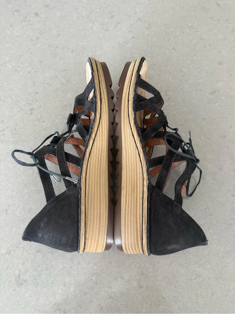 Naot Black Suede Lace-Up Wedge Sandals